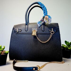 Black Pebbled Faux Leather Satchel with Carry Strap